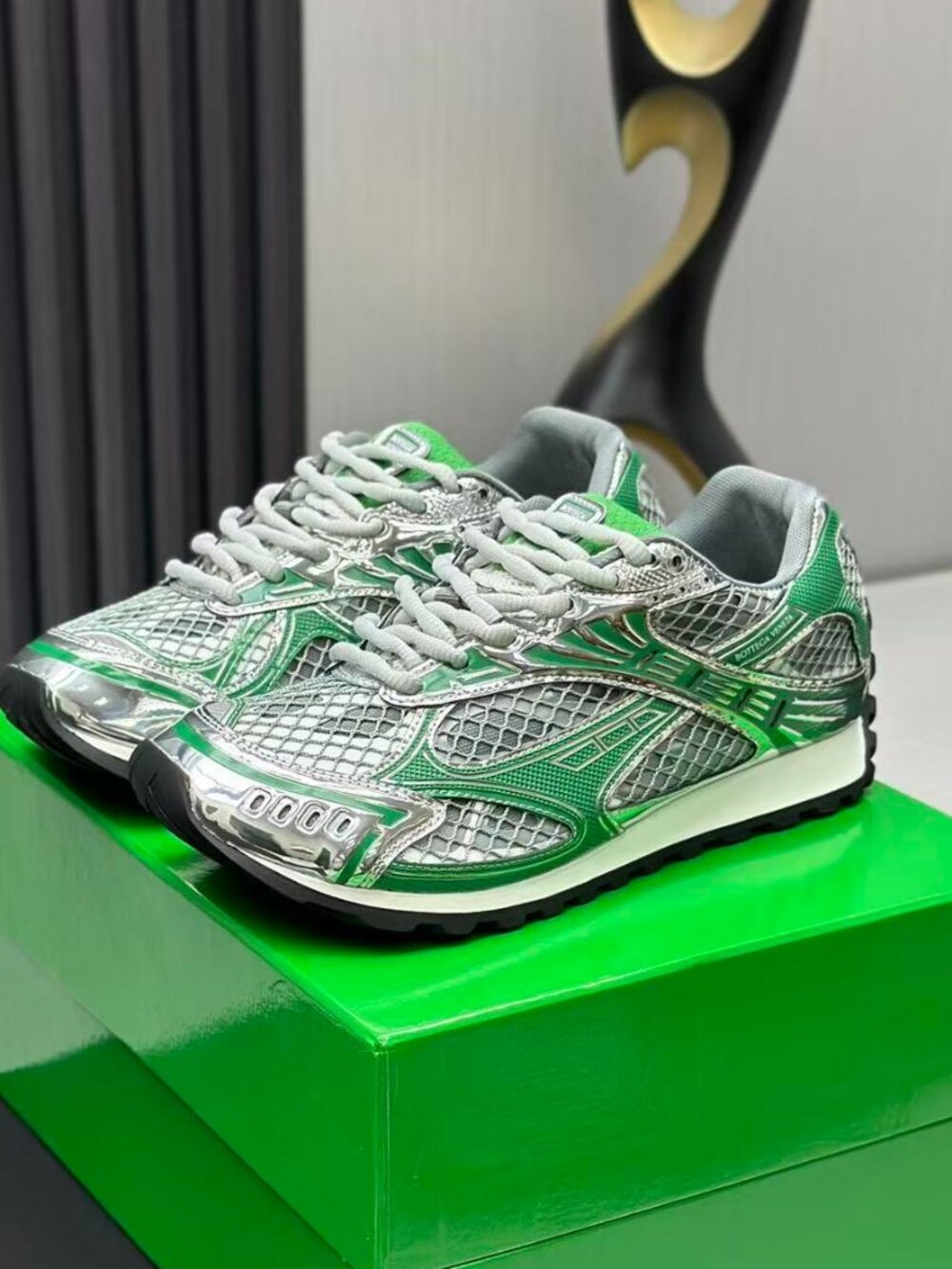 Bottega Veneta Green Silver Metallic Mesh Retro Runner Low Top Sneakers